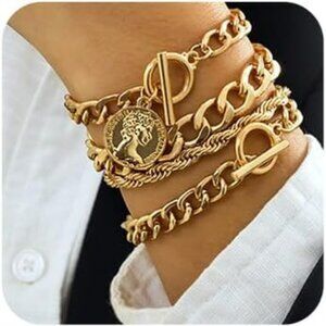 4 pc Boho Gold Chain Stackable Bracelets Set Adjustable Punk Bracelet Chunky